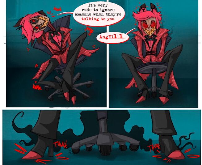 Three panel extract of a comic featuring Alastor getting pissy at Angel for ‘ignoring’ him (setting implies end if s2e6 so Angel is hypnotised)