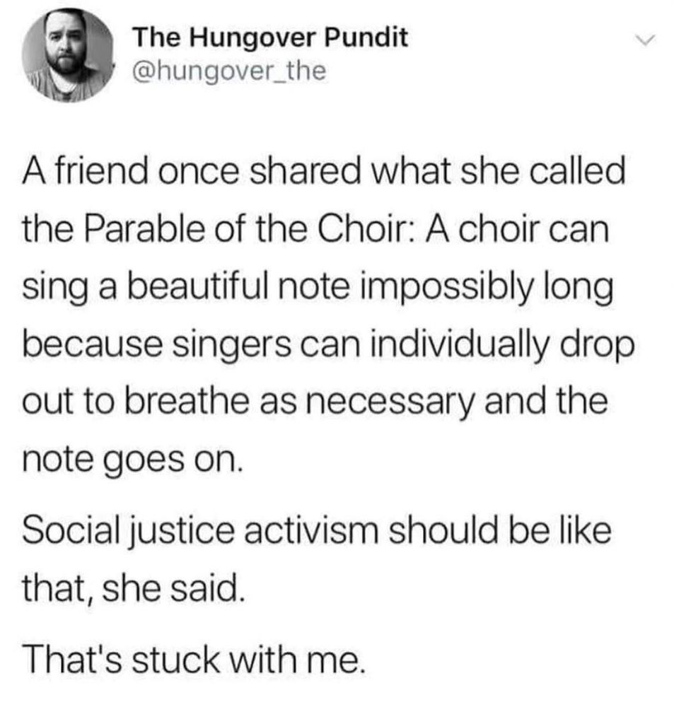 Social justice sustains like a choir.
