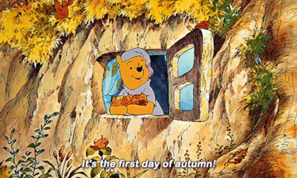 winnie the pooh says it 's the first day of autumn in a cartoon