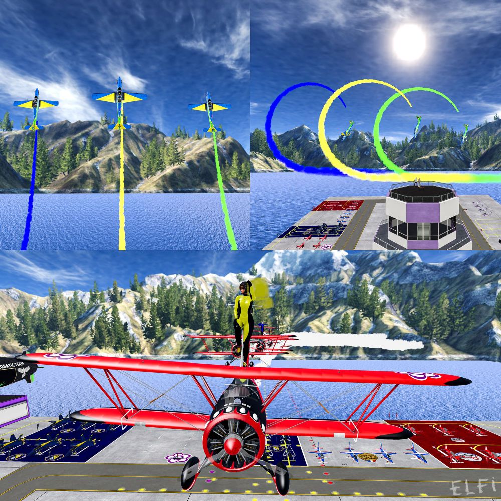 A collage of vibrant screenshots from the virtual world of Second Life, featuring an airshow in a scenic mountainous landscape. The top left panel shows three blue and yellow stunt planes ascending in formation with colored smoke trails (blue, yellow, green). The top right panel captures the planes performing loop maneuvers, creating colorful smoke rings in the sky (Brasilian Smoke Squadron). The bottom panel shows a dynamic wingwalker performance: a person in a yellow and black jumpsuit stands atop a red vintage biplane in flight, followed by more biplanes with wingwalkers, soaring above a detailed airstrip with aircraft, hangars, and a backdrop of forested mountains (Anemone WingWalkers). The overall atmosphere is festive and full of motion, showcasing virtual aerobatics and community creativity.
