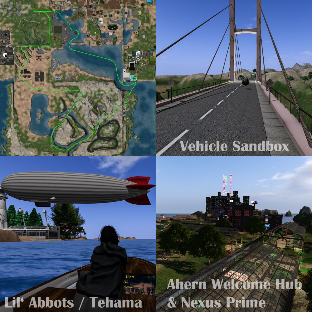 Collage, containing a map of a part of the virtual world of #secondlife and snapshots taken on a shourt round tour, a bridge at the vehicle sandbox, a zeppelin, and the area around the Ahern welcome hub with the Nexus Prime city in the background.