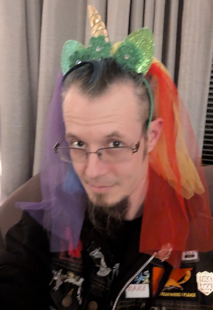 It's a selfie, but wearing a unicorn headband with a rainbow veil, which is appropriately thin, as veils should be.