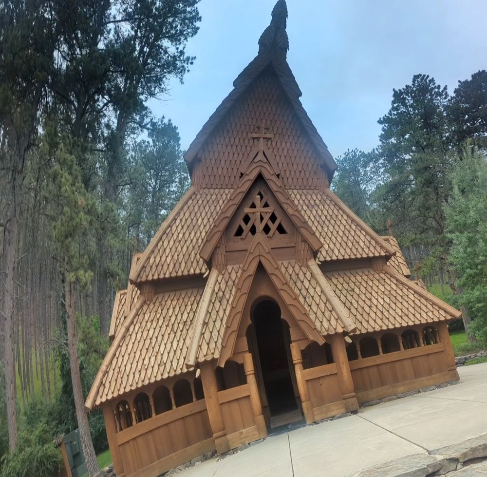 Distorted photo of the Chapel in the Hills stavkirke in Rapid City, SD.