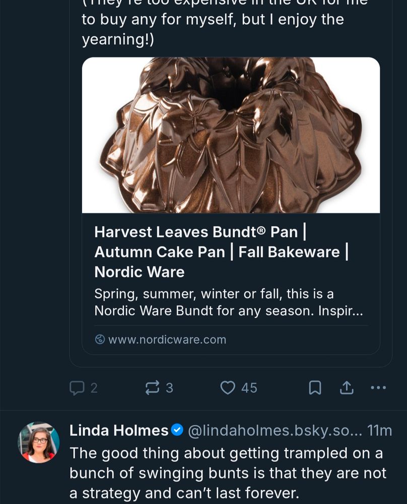 Screenshot of a post about bundt cake pans followed by one about baseball bunts.