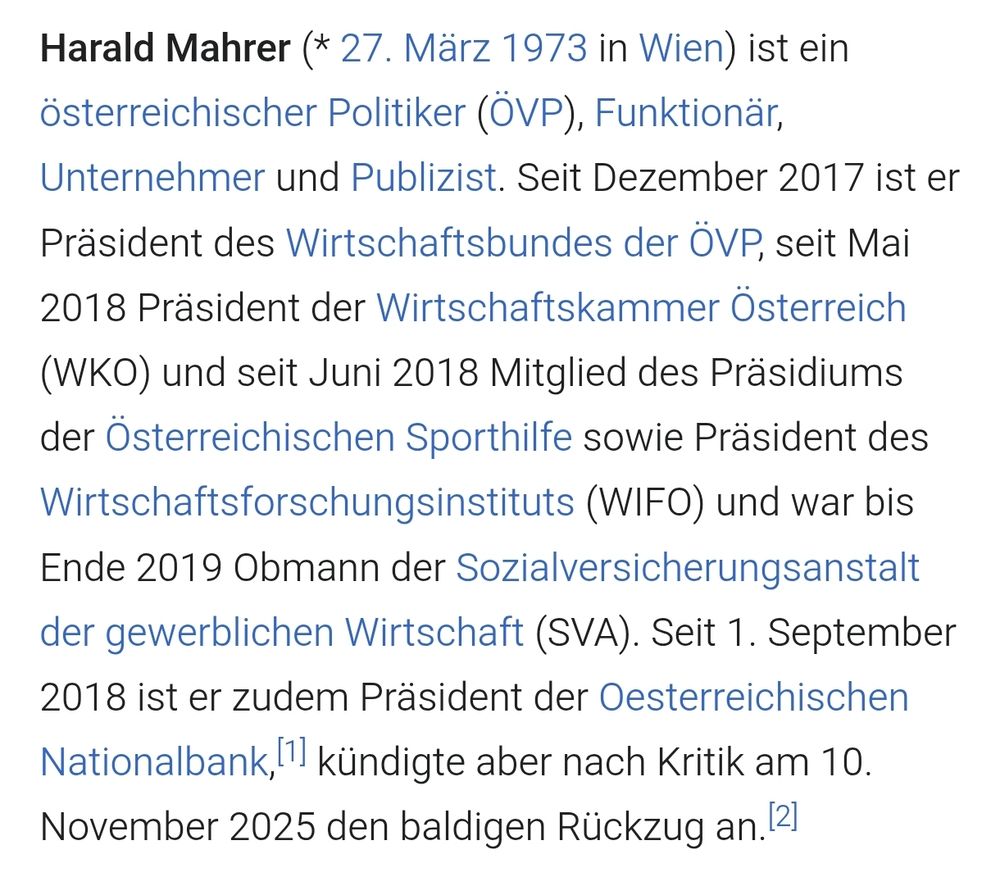 Auszug aus Wikipedia in welchem Harald Mahrers vielfältige Funktionen und Aufgaben seit 2017 angeführt werden 