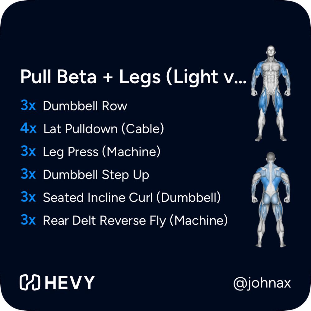 Pull Beta + Legs (Light v...
3x Dumbbell Row
4x Lat Pulldown (Cable)
3x Leg Press (Machine)
3x Dumbbell Step Up
3x Seated Incline Curl (Dumbbell)
3x Rear Delt Reverse Fly (Machine)
UJHEVY
@johnax