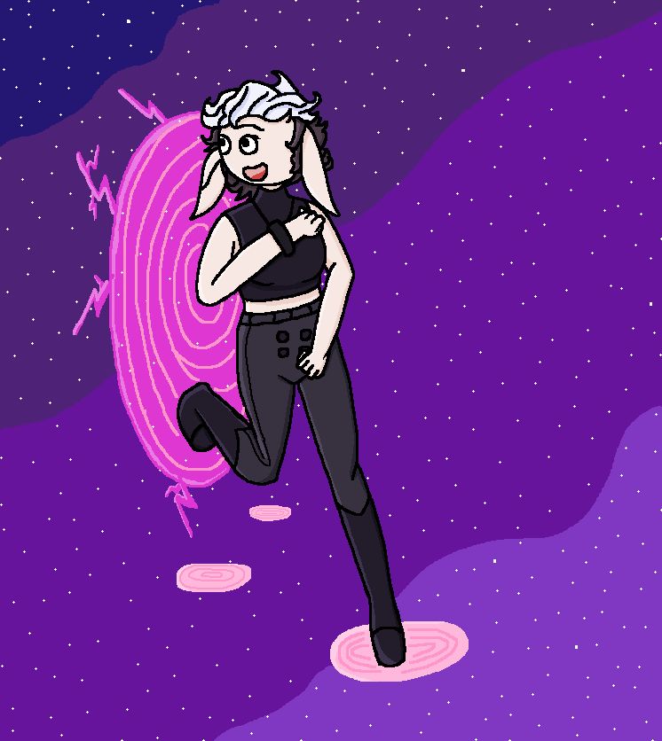 Castorbit's character Kuiper, the dimension hopper. They are running out of a portal into an empty and liminal reality. I think they are running away from something.