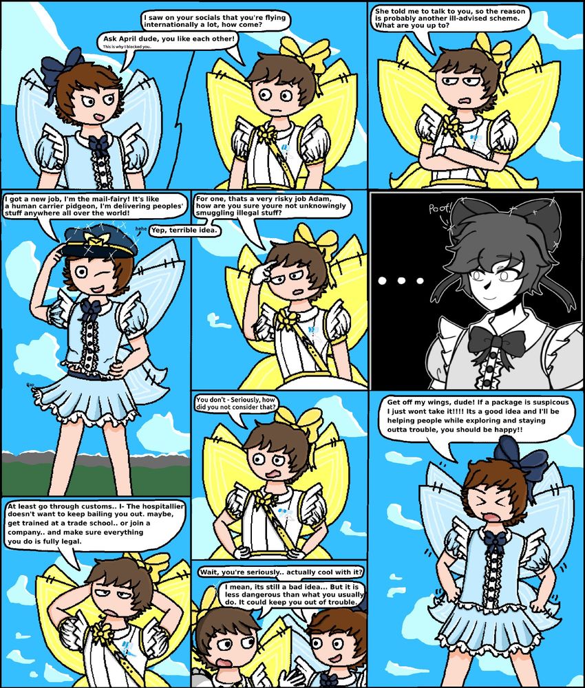 A comic of two fairy OCs, Adam (blue) and Maxwell (gold) having a serious talk about one of Adam's ideas while flying high in the sky. Adam is very impulsive, emotional, and seadfast. Maxwell is dismissive at first, but is willing to hear Adam out. The scene ends amicably, which is unusual for interactions between these two. 

Raw image: https://f2.toyhou.se/file/f2-toyhou-se/images/102388162_RyNrNYsIrpKwXfN.png