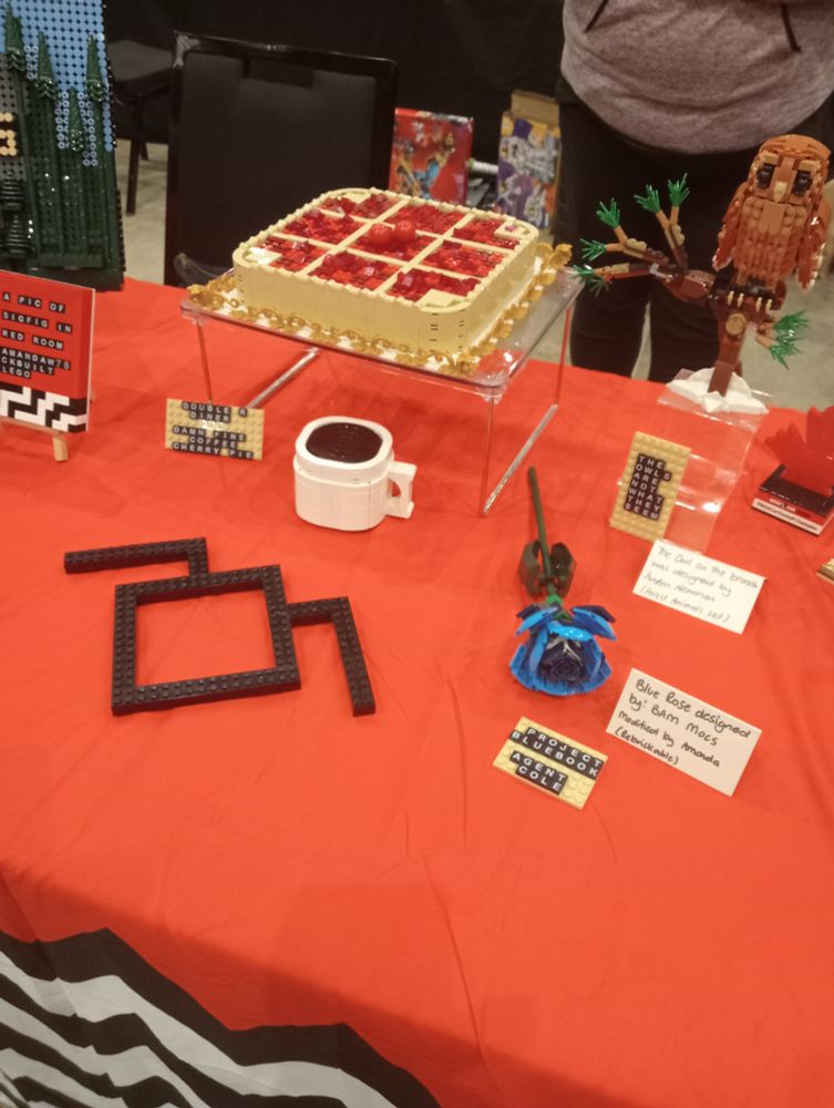 Cherry pie, a damn fine cup of coffee, The owl symbol, an owl on a branch and a blue rose