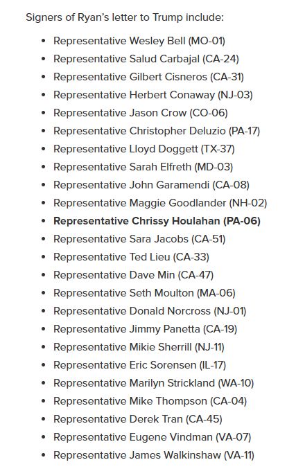 Signers of Ryan’s letter to Trump include:

Representative Wesley Bell (MO-01)
Representative Salud Carbajal (CA-24)
Representative Gilbert Cisneros (CA-31)
Representative Herbert Conaway (NJ-03)
Representative Jason Crow (CO-06)
Representative Christopher Deluzio (PA-17)
Representative Lloyd Doggett (TX-37)
Representative Sarah Elfreth (MD-03)
Representative John Garamendi (CA-08)
Representative Maggie Goodlander (NH-02)
Representative Chrissy Houlahan (PA-06)
Representative Sara Jacobs (CA-51)
Representative Ted Lieu (CA-33)
Representative Dave Min (CA-47)
Representative Seth Moulton (MA-06)
Representative Donald Norcross (NJ-01)
Representative Jimmy Panetta (CA-19)
Representative Mikie Sherrill (NJ-11) 
Representative Eric Sorensen (IL-17)
Representative Marilyn Strickland (WA-10)
Representative Mike Thompson (CA-04)
Representative Derek Tran (CA-45)
Representative Eugene Vindman (VA-07)
Representative James Walkinshaw (VA-11) 