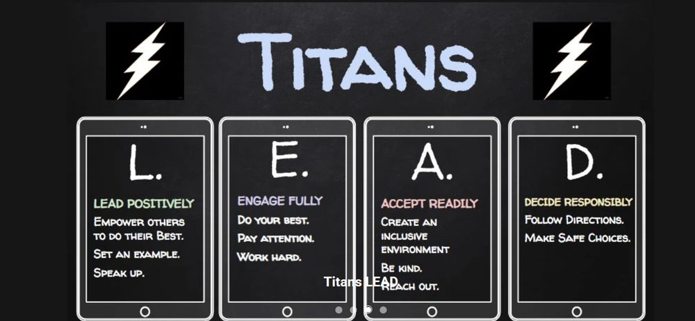 Northshore Middle School Titans graphic lists out the important School Values.
L - lead positively
E - engage fully
A - accept readily "Create an inclusive environment"
D - decide responsibly