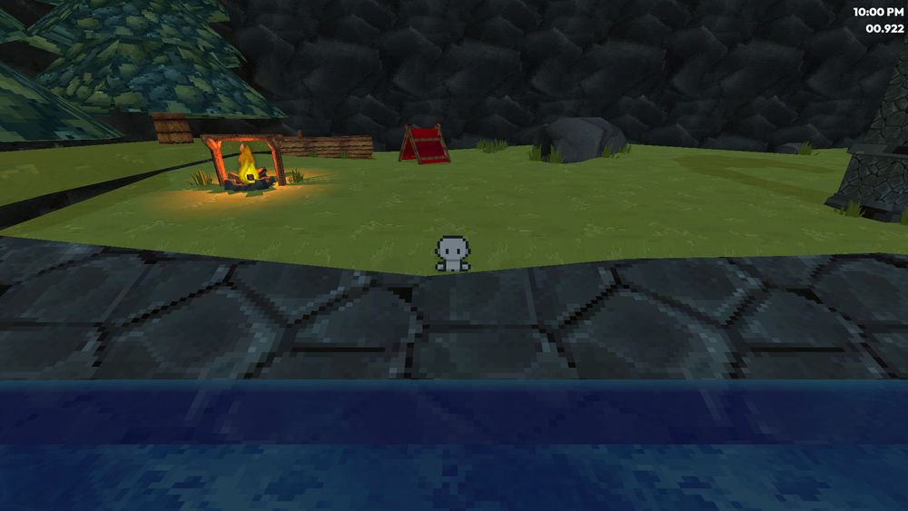 A pixel-art character standing in the middle of a forest (night time), a bonfire is shown in the background, a 3d scene mixed with pixel art