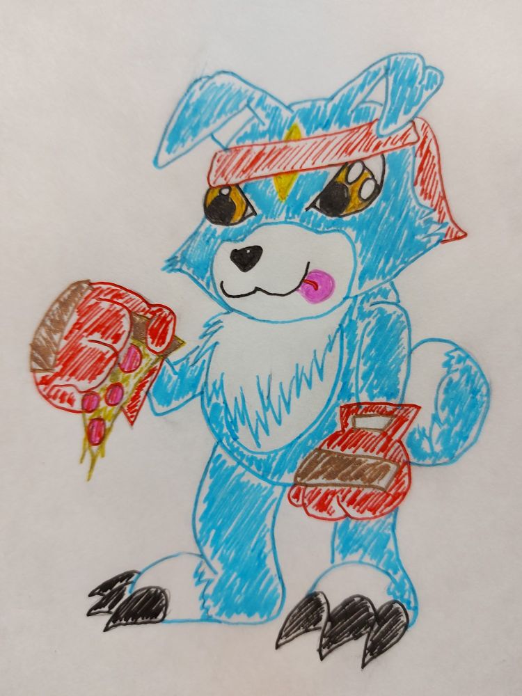 A coloured pen sketch of a digimon(Gaomon) holding a slice of pizza