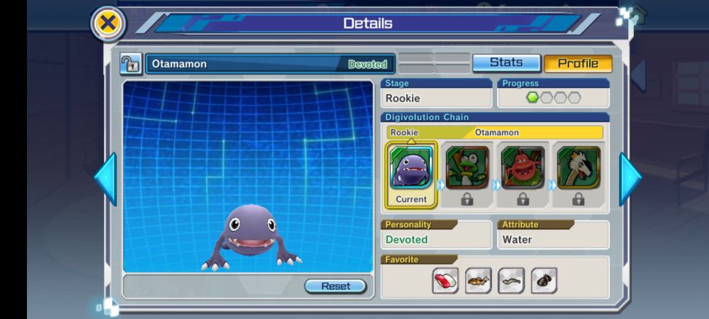 A screenshot from Digimon ReArise. Otamamon digivolution line: Otamamon, Gekomon, ShogunGekomon, Plesiomon.