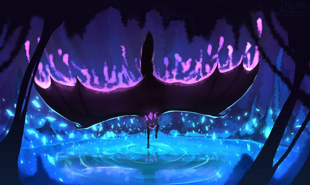 my sona flying into a cave from above, slowing near the water with blue crystal like particles radiating around