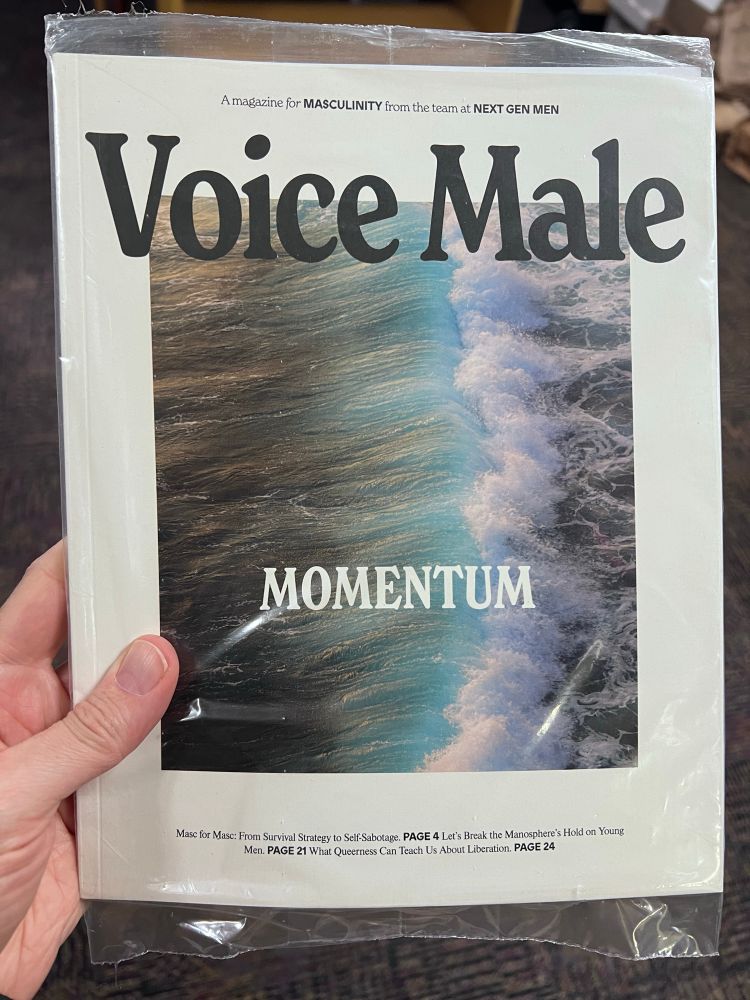 Magazine called Voice Male, as magazine for MASCULINITY from the team at NEXT GEN MEN. There is a picture of a wave and the word MOMENTUM