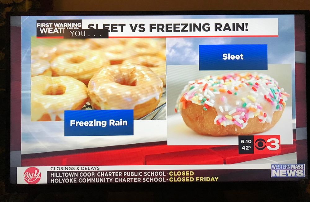 Local news sleet vs freezing rain. Freezing rain is glazed/iced donut, sleet is iced with sprinkles 
