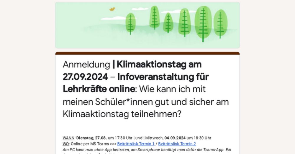 Anmeldung | Klimaaktionstag am 27.09.2024 – Infoveranstaltung für Lehrkräfte online: Wie kann ich mit meinen Schüler*innen gut und sicher am Klimaaktionstag teilnehmen?