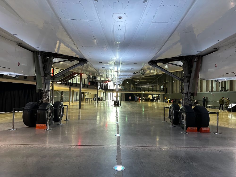 A view from underneath Concorde looking towards the front.