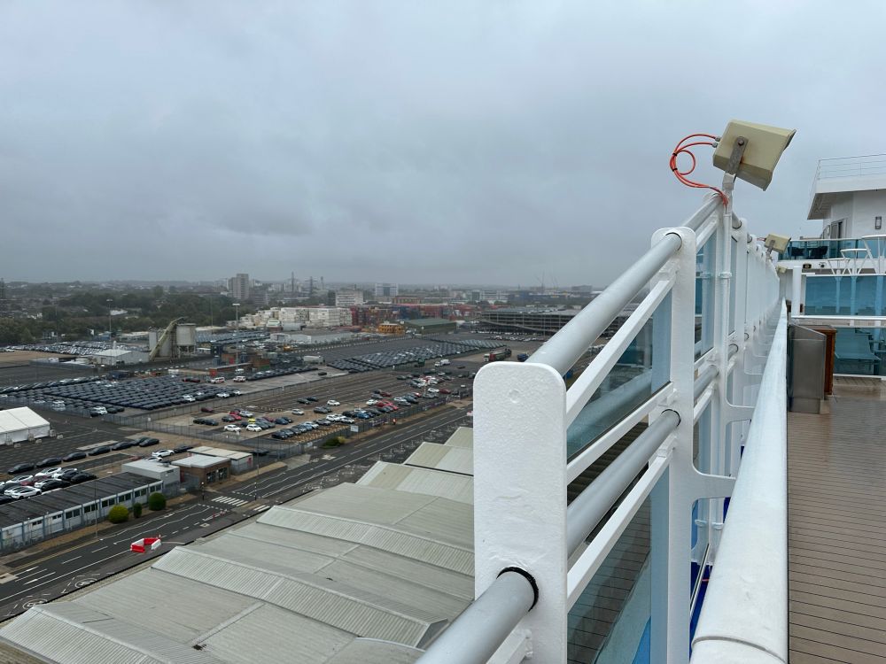 View of Southampton from the top deck of a cruise ship. 
