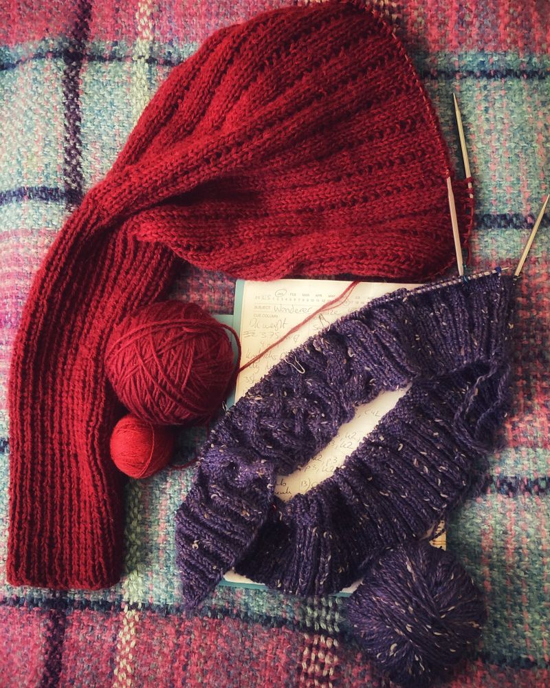 2 hand knitted items in progress
