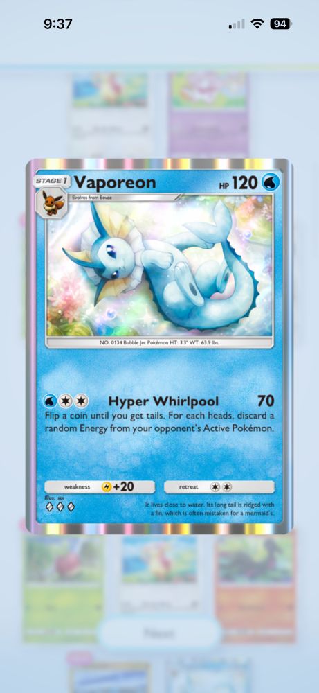 A Pokémon card with a picture of Vaporeon laying suggestively and with beckoning eyes