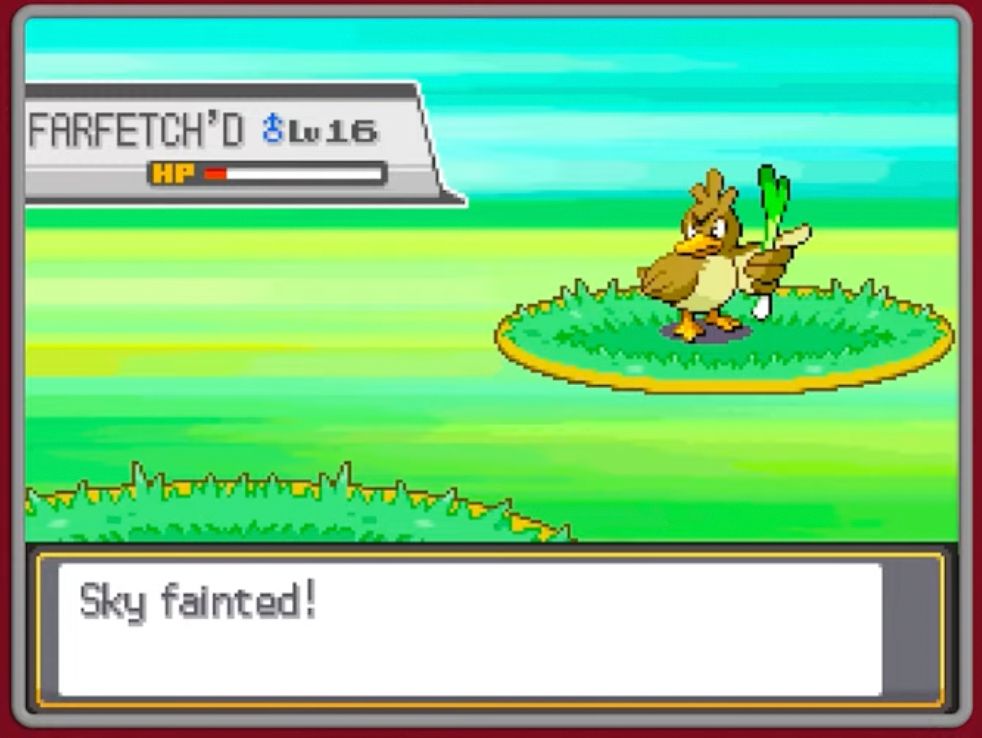 Fighting the pokemon Farfetch'd and Sky the Bellsprout has fainted.