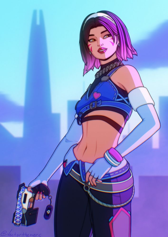 D.va from Overwatch in her LE SSERAFIM outfit. She is a young light skinned asian woman with light brown eyes, pink triangular face markings. She has a smile on her face. She has brown hair with pink highlights in a bob cut with a white head band. She is wearing a blue crop top with a heart-shaped pin in it, white fingerless elbow gloves, and black leggings with pink hexagonal markings. She is holding a similarly colored pistol in her right hand  pointed down at her side. Behind her is a stylized skyline representing the city of Seoul colored in various shades of blue and purple. The silhouette of the Lotte World Tower can be seen prominently amongst all the buildings.