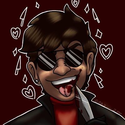 A drawing of Murdock licking a bloody knife, surrounded by doodled hearts and knives, with a few sparkles as well. He has one pierced ear and his eyes are hidden behind sunglasses.