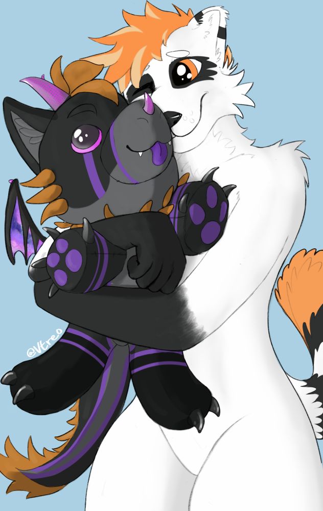 kerenos the raccoon holding a plushy version of graphilum the dragon 