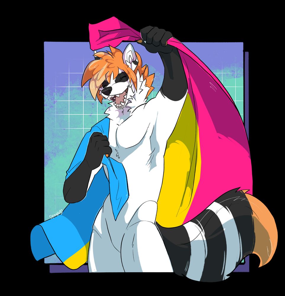 Kerenos the raccoon holding up a pan pride flag in celebration 