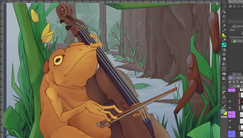 Screenshot of my Clip Studio canvas. Poorly cropped on purpose, yellow toad playing the cello amongst reeds and grasses. 