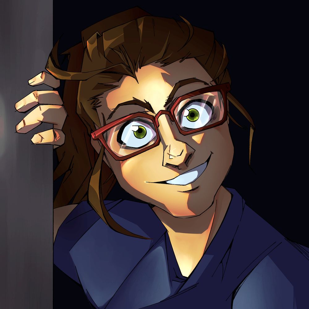 Cartoon-y portrait of a person in a ponytail with dramatic lighting. She looks a bit manic and freaky. 