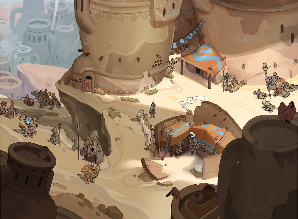 In game screenshot of a desert town where the player can meet npcs