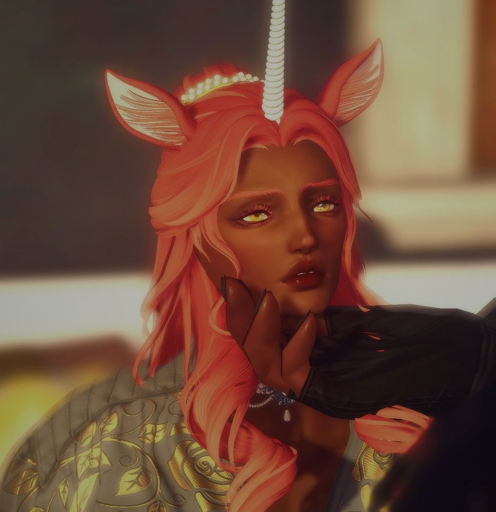 My OC Sempra as a unicorn. His horse ears sit atop his head and are sad and listing. His eyes are gold. He looks past a character off-screen with a sad and distant expression.
A hand with fingerless black gloves gently holds his chin.