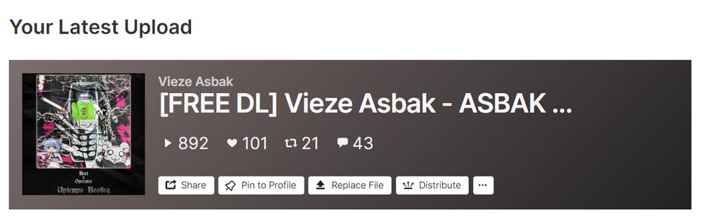 The picture contains stats from Bert and Operator's recent bootleg release; Vieze Asbak - ASBAK ANTHEM (Bert x Operator Uptempo Bootleg). The stats displayed have been collected from the past 5 days of the track being released.

The stats from Left To Right:
Plays: 892
Likes: 101
Reposts: 21
Comments: 43