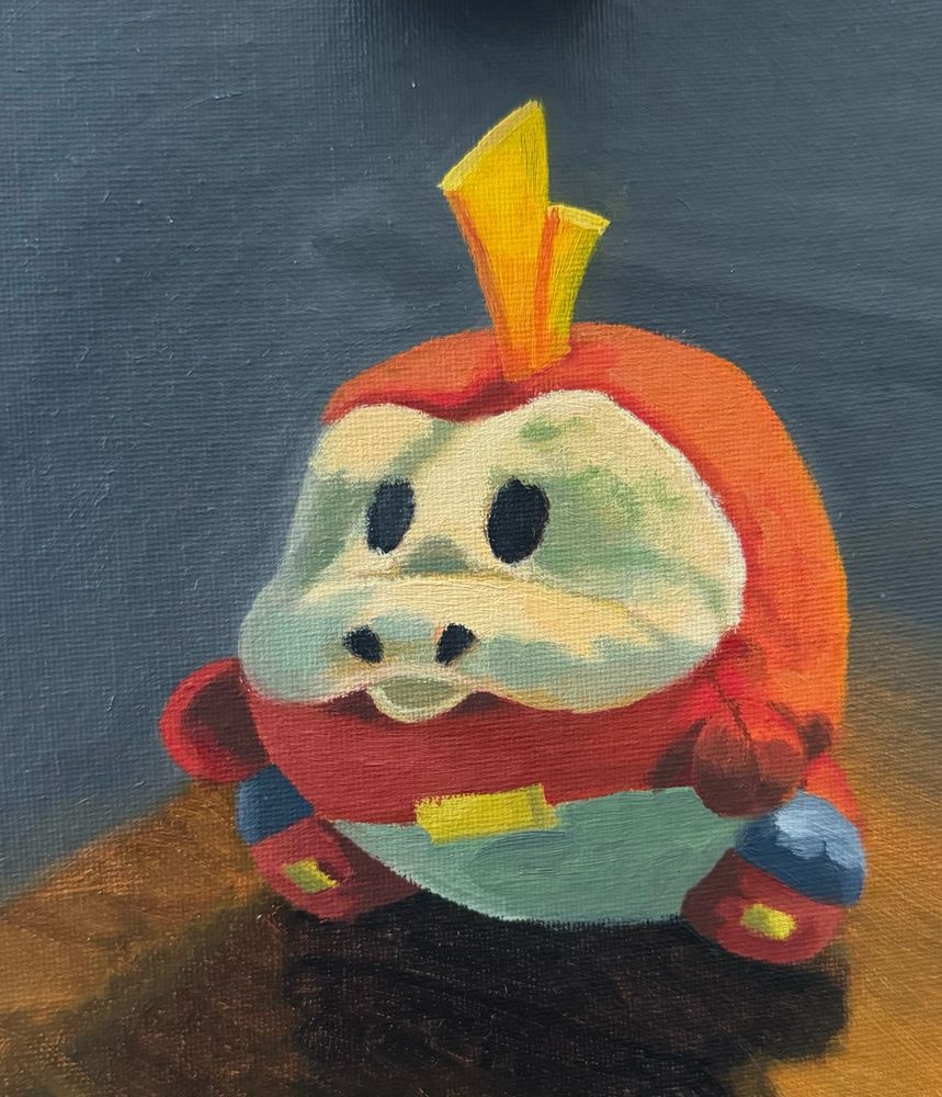 Still life oil painting of the Pokémon fuecoco 