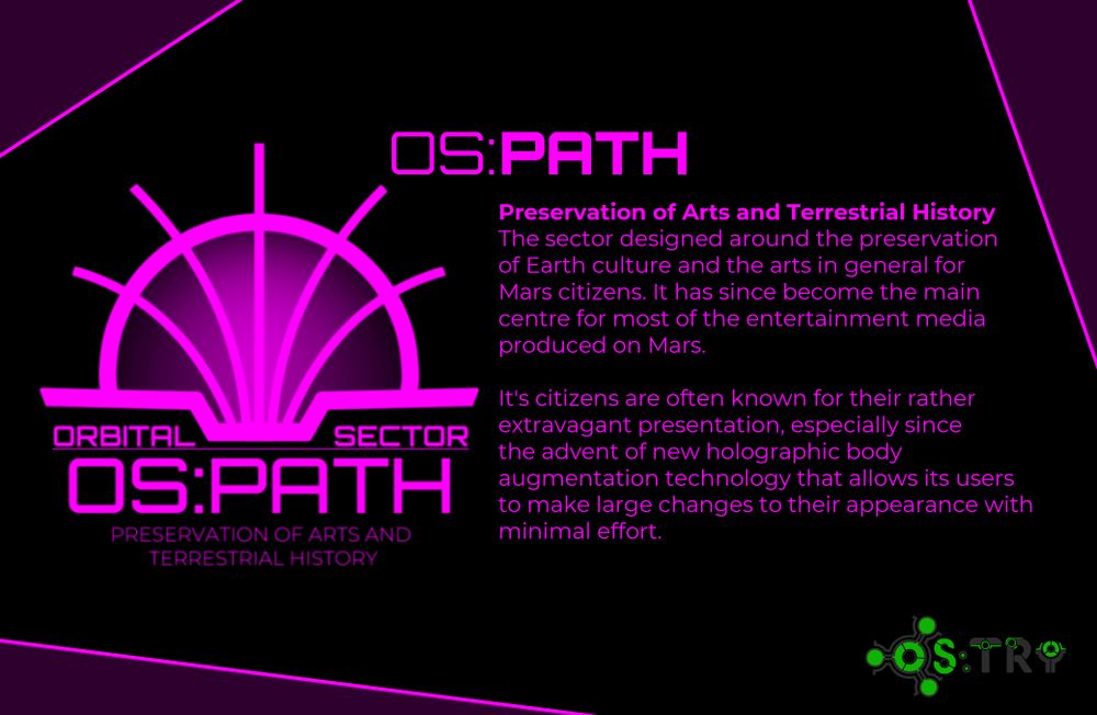 The next sector is OS:PATH, the orbital sector for the preservation of arts and terrestrial history. Their logo is a stylised graphic of a magenta book with pages unfurling. Text reads: The sector designed around the preservation of Earth culture and the arts in general for Mars citizens. It has since become the main centre for most of the entertainment media produced on Mars.

It's citizens are often known for their rather extravagant presentation, especially since the advent of new holographic body augmentation technology that allows its users to make large changes to their appearance with minimal effort.