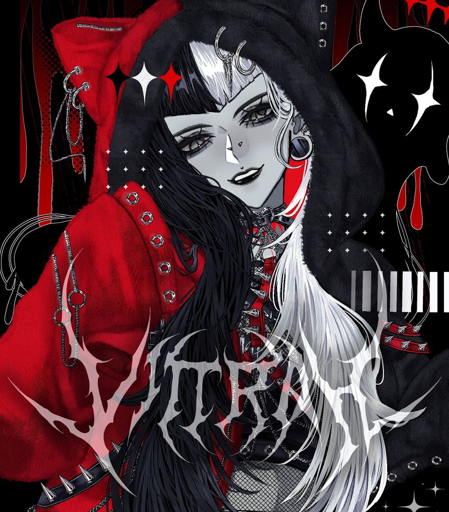 Illustration of Vittrah, my OC who is a dark matter entity, mysteriously in the form of a young woman with pale gray skin, black, white and red hair, silvery grey eyes with a double iris in her left eye. She has black lips and several piercings. In the image she is wearing a red and black split coloured hoodie with cat ears and silver accessories on it. Her partner Hani, a pet-like creature made up of black goo with white sparkle shaped eyes, is floating in the background behind her.
