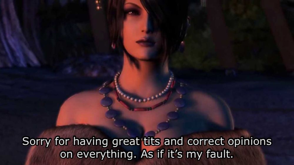 screencap of lulu from ffx, lots of cleavage. caption says sorry for having great tits and correct opinions on everything. as if it's my fault.