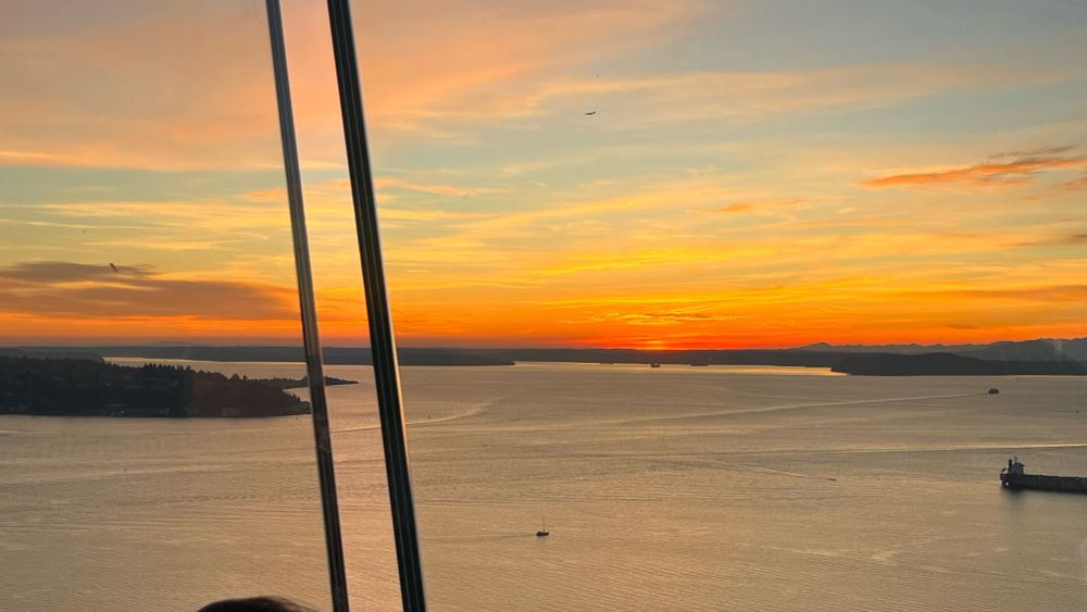 Sunset looking west from the Seattle Space Needle observation deck