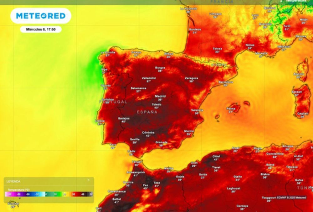 A meterological map showing Spain's scorching temperatures atm. All hot red 