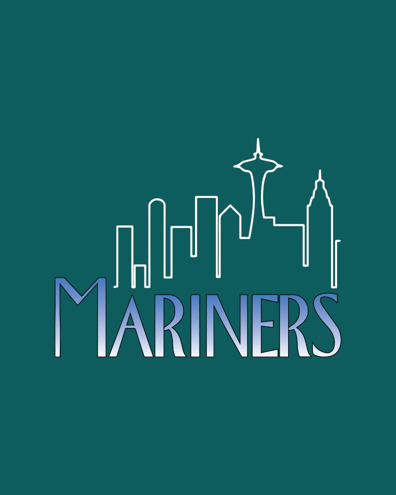 Seattle Mariners text logo in the style of the TV "Frasier", a Seattle skyline drawing including the Space Needle