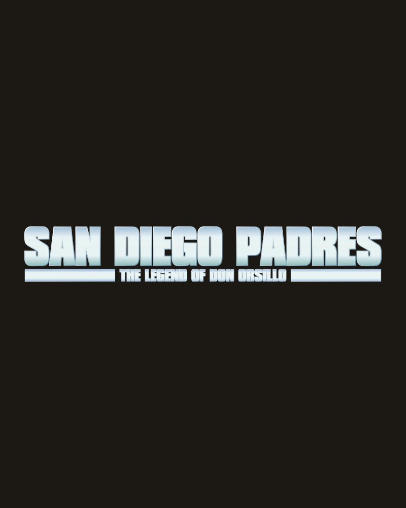 Graphic of the San Diego Padres text logo in the style of the movie Anchorman on a brown background