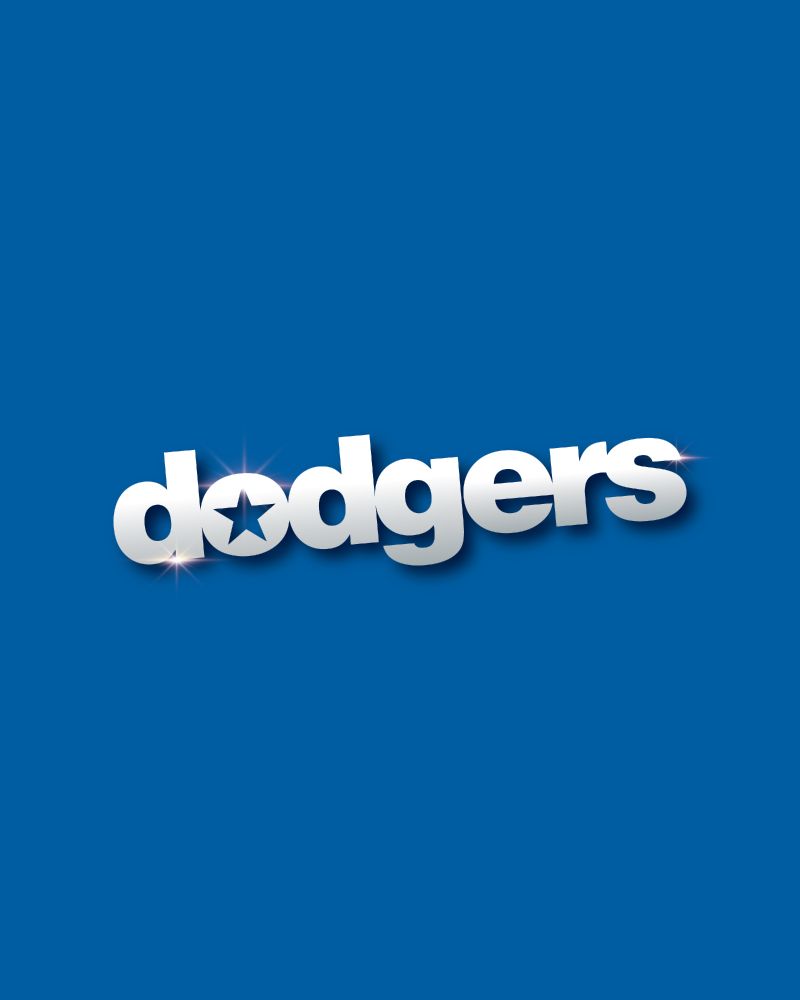 Graphic of Los Angeles Dodgers text logo in the style of the TV show Entourage on a blue background
