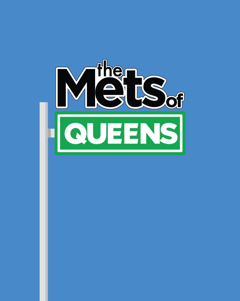 Graphic of New York Mets text logo in the style of The King of Queens on a street sign, blue background