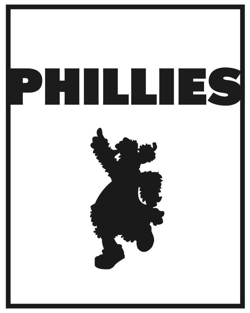 Philadelphia Phillies text in the style of the movie Rocky with a Phillie Phantic silhouette