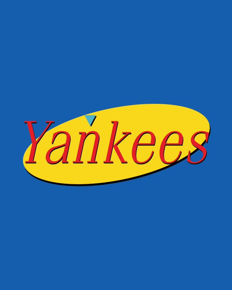 Graphic of New York Yankees text logo in the style of Seinfeld on a blue background