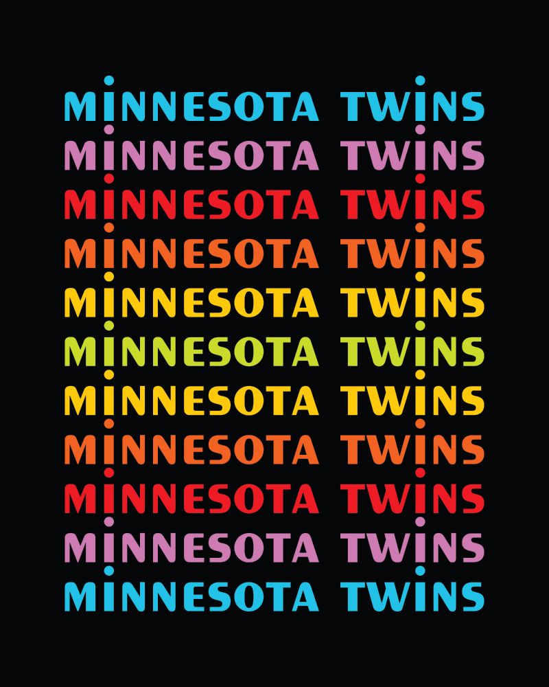 Graphic of Minnesota Twins text logo in the style of the Mary Tyler Moore Show, rainbow colored on a black background
