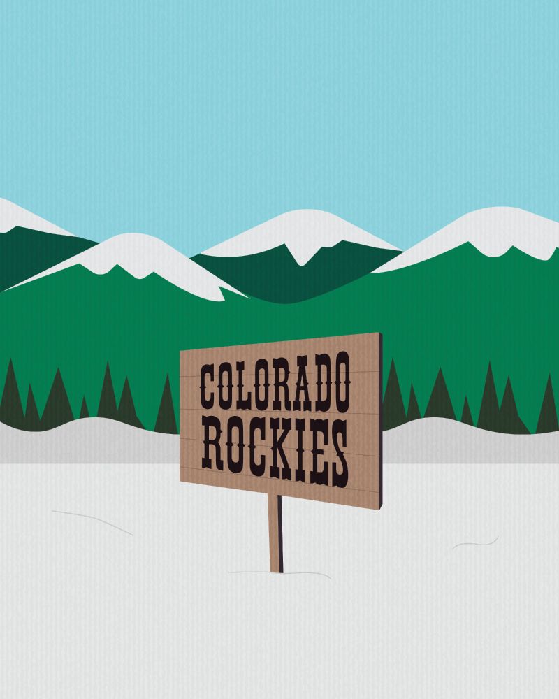 Graphic of Colorado Rockies text logo in the style of South Park on a construction paper landscape of the mountains